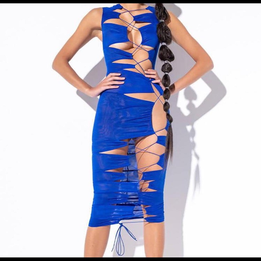 Lace up mesh cut out midi dress